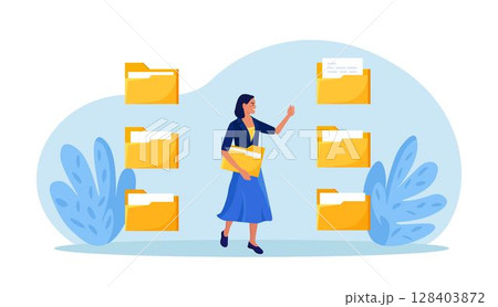 Woman search document in catalog, content in folder. Organizing files and documents in database. Electronic file organization service. Data archive storage and indexing of information 128403872