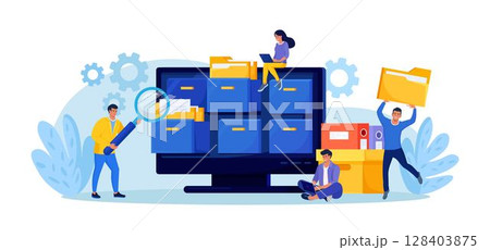 People taking documents from archive, using magnifying glass and searching files in electronic database. Office clerks or employees indexing data. Businessman holding folder from online storage 128403875
