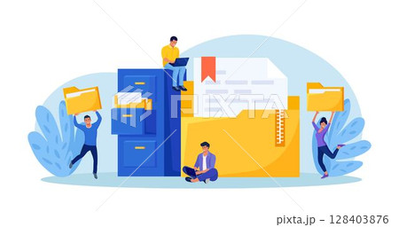 Document archiving and storage. Business people search files in archives. Support service, database. Men working with information, documents and statistics in analytical department. Folder in archive 128403876