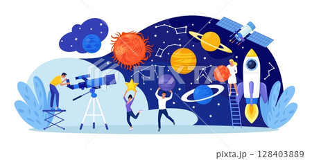 Astronomy, astronomical observation. Man studying galaxy through telescope, explore planets, universes. People watching meteors, constellation of stars. Astronomer observing sky with celestial bodies 128403889
