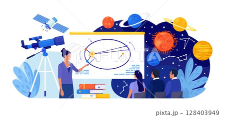Astronomy, astronomical observation. Pupils at astronomy class in planetarium. Children learning planets, universes. Students studying galaxy through telescope, watching meteors constellation of stars 128403949