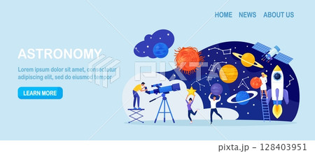 Astronomy, astronomical observation. Man studying galaxy through telescope, explore planets, universes. People watching meteors, constellation of stars. Astronomer observing sky with celestial bodies 128403951