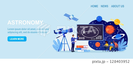 Astronomy, astronomical observation. Pupils at astronomy class in planetarium. Children learning planets, universes. Students studying galaxy through telescope, watching meteors constellation of stars 128403952