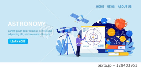 Astronomy, astronomical observation. Pupil at astronomy class in planetarium. Children learning planets, universes. Student studying galaxy through telescope, watching meteors constellation of stars 128403953