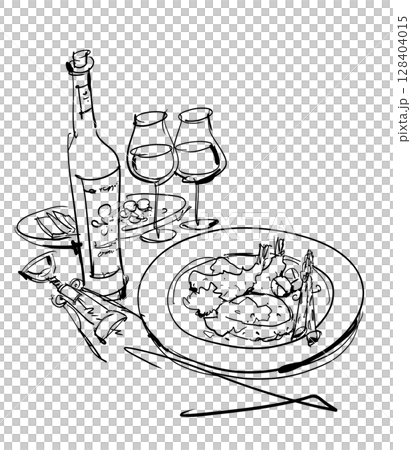 西餐線描插圖和英文字母肉類菜餚、葡萄酒和玻璃杯 128404015