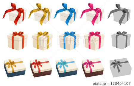 ギフトボックスのイラスト素材セット|リボン付きプレゼント包装バリエーション ギフトボックスのイラスト素材セット|リボン付きプレゼント包装バリエーション 128404107