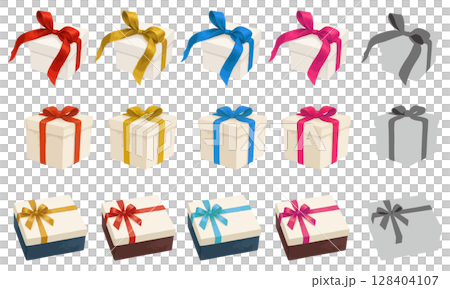 ギフトボックスのイラスト素材セット|リボン付きプレゼント包装バリエーション ギフトボックスのイラスト素材セット|リボン付きプレゼント包装バリエーション 128404107