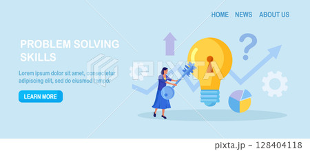 Businessman unlock new business idea. Character holding key to insert into keyhole on light bulb to reach target. Goal achievement concept. Invent new product or unlock creativity. Career opportunity Businessman unlock new business idea. Character holding key to insert into keyhole on light bulb to reach target. Goal achievement concept. Invent new product or unlock creativity. Career opportunity 128404118