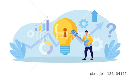 Businessman unlock new business idea. Character holding key to insert into keyhole on light bulb to reach target. Goal achievement concept. Invent new product or unlock creativity. Career opportunity 128404125