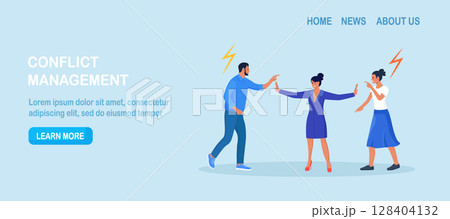 Conflict management. Woman stopping conflict or fighting. Leadership skill to compromise and solving argument problem. Disagreement communication, negotiation. Business deal conversation 128404132