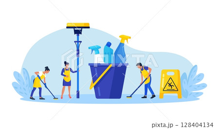 Cleaning service or company. People doing housework. Janitors in uniform washing floor. Professional hygiene service for domestic households. Sanitary chemical products for laundry, floor, toilet Cleaning service or company. People doing housework. Janitors in uniform washing floor. Professional hygiene service for domestic households. Sanitary chemical products for laundry, floor, toilet 128404134
