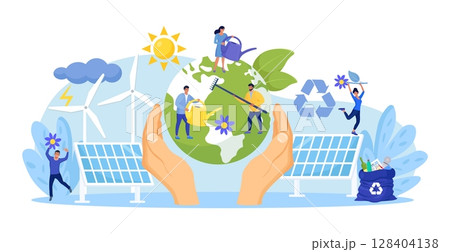 People Trying to Save Planet Earth from Climate Change. Person Planting and Watering Trees. Global Warming. Characters Collecting Plastic Trash into Recycling Garbage Bin, Use Alternative Energy 128404138
