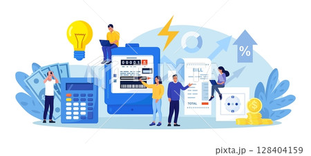 People paying utilities. Invoice and electricity meter. Man worried, stressed over bill. Utility bills payment. Electricity consumption expenses. Technician repair, meter installation, energy saving 128404159