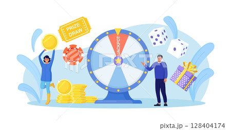 Casino and gambling. People playing fortune wheel. Winners with gift boxes, dice and giant raffle drum. Players spinning lucky wheel, hit jackpot and receive money. Woman celebrate lottery winning 128404174