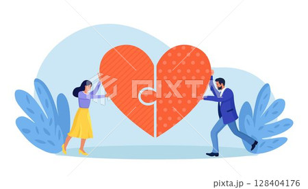 Man and woman put the puzzle pieces together to red heart shape form. Happy Valentine's day. Love story. Romantic marriage concept. 128404176