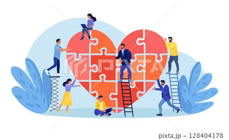 People put the puzzle pieces together to red heart shape form. Charity and donation. Give and share your love to people. Group of volunteers work for good purpose in social benefit activity 128404178