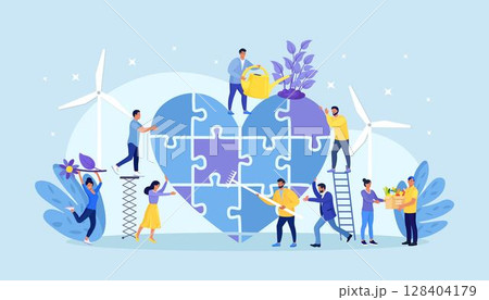 Volunteers connecting piece jigsaw in heart shape. Save the planet, sustainability. Environmental protection. Man gives love to the earth. People plant seedlings, clean up the soil, nature 128404179