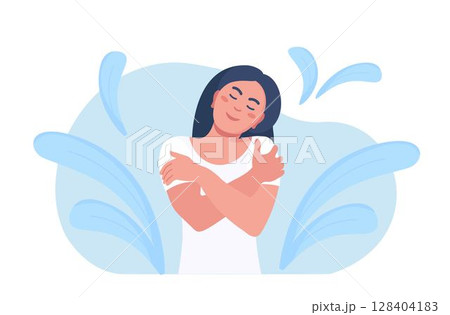 Love yourself. Groomed beautiful woman hugging herself. Love your body concept. Girls Healthcare Skincare. Take time for your self 128404183