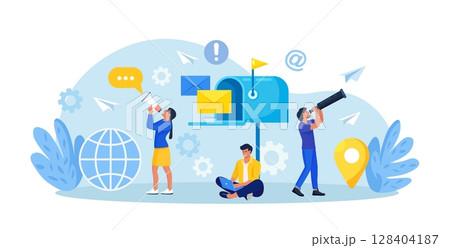 Mail Service, Correspondence Delivery. People Receiving, Sending Letters, Sorting Documents. New Incoming SMS, E-mail Message. Retro Mailbox with Envelopes. E-mail Marketing. Spam in Social Network 128404187