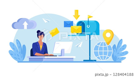 Customer Service Agent Talking with Client. Contact Us. Mail Service, Correspondence Delivery. People Receiving, Sending Letters. New Incoming SMS, E-mail Message. Retro Mailbox with Envelopes 128404188