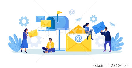 Mail Service, Correspondence Delivery. People Receiving, Sending Letters, Sorting Document. New Incoming SMS, E-mail Message. Retro Mailbox with Envelopes. E-mail Marketing. Manager Sending Newsletter 128404189