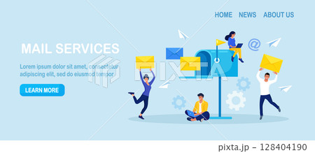 Mail service and correspondence delivery. People receiving, sending letters, sorting documents. New incoming sms, e-mail message. Retro mailbox with envelopes. Spam in social network chat 128404190