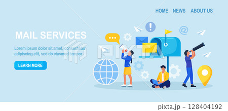 Mail Service, Correspondence Delivery. People Receiving, Sending Letters, Sorting Documents. New Incoming SMS, E-mail Message. Retro Mailbox with Envelopes. E-mail Marketing. Spam in Social Network 128404192