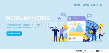 Digital marketing. Social network and media communication. SEO and promotion. Engaging content. Bloggers monetize blog, earning money and shares post. Blogging monetization, SMM team 128404199