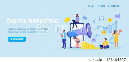 Digital marketing. Hand holding megaphone coming out from phone. Business analysis, content strategy and management. Advertising Social media campaign, communication, SEO. Vector design 128404207