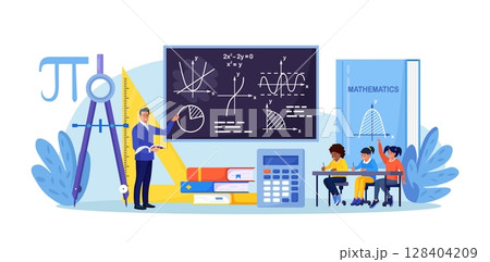 Math school subject. Pupils studying mathematics in classroom. Teacher pointing at chalkboard, teaching kids. Children at desks learn maths, arithmetics, algebra and geometry. Education, knowledge Math school subject. Pupils studying mathematics in classroom. Teacher pointing at chalkboard, teaching kids. Children at desks learn maths, arithmetics, algebra and geometry. Education, knowledge 128404209