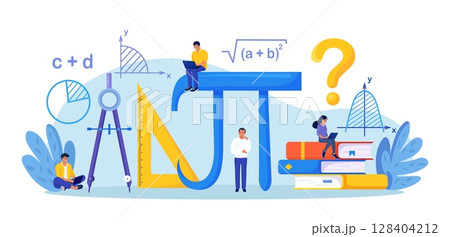 Math Science Concept. Tiny Students Characters in Lab or School Class Learning Mathematics. People Studying Arithmetics, Algebra. Science, Engineering Education. Maths Analysis, Conjecture Computing 128404212