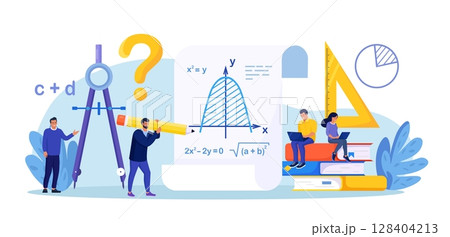 Math school subject. People studying mathematics, algebra, arithmetic. Mathematician use scientific formulas and diagrams for new calculation. Math analysis, conjecture computing. Mathematics course 128404213