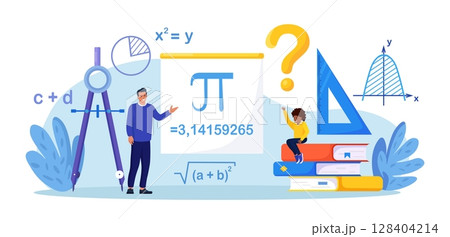 Math school subject. Pupil studying mathematics in classroom. Teacher pointing at chalkboard, teaching kids. Children learn maths, arithmetics, algebra and geometry. Education, knowledge 128404214