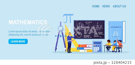 Math school subject. Pupils studying mathematics in classroom. Teacher pointing at chalkboard, teaching kids. Children at desks learn maths, arithmetics, algebra and geometry. Education, knowledge 128404215