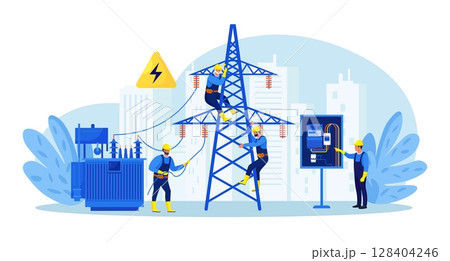 Electricity energy maintenance.Team of electricians control power energy lines. Technician repair service of powerline.Telephone or electricity line poles with power supply repairmen. Lighting testing 128404246