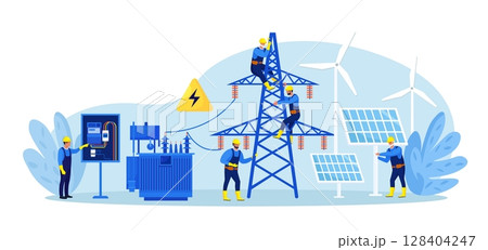 Electricity energy maintenance. Team of electrician control power energy lines. Technician repair service of powerline.Telephone or electricity line poles with power supply repairmen. Lighting testing 128404247