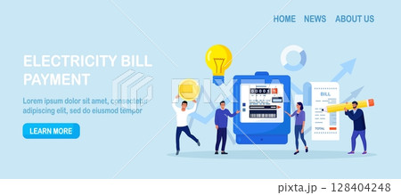 People paying utilities. Invoice and electricity meter. Man worried, stressed over bill. Utility bills payment. Electricity consumption expenses. Technician repair, meter installation, energy saving People paying utilities. Invoice and electricity meter. Man worried, stressed over bill. Utility bills payment. Electricity consumption expenses. Technician repair, meter installation, energy saving 128404248