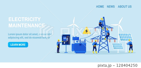Electricity energy maintenance. Team of electrician control power energy lines. Technician repair service of powerline.Telephone or electricity line poles with power supply repairmen. Lighting testing 128404250