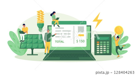 People calculating utility bills and worrying about costs increase. Electricity consumption expenses. Energy statement. Efficiency  utilities consumption. Save money on payment for home heating usage 128404263