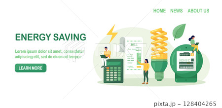 Utility bills payment. Electricity consumption expenses. People reduce energy consumption at home, use energy saving light bulb. Power save concept. Household energy and resources, meter installation 128404265