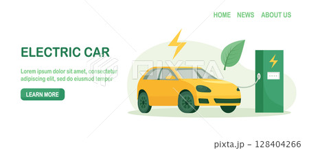 Electric Car Battery Charging at Electric Recharge Station, Wind Turbines in the Background. Alternative Energy Vehicle. Futuristic Transport. Use Green Power. Environmental Care, Renewable Sources 128404266