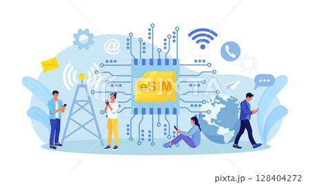 Embedded sim card on microcircuit. Young people use modern mobile phone with eSIM card chip. Smartphone without classical sim card. New digital technology. Cellphone with integrated circuit card 128404272