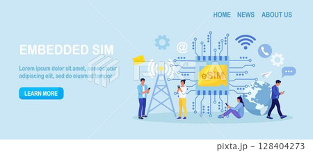 Embedded sim card on microcircuit. Young people use modern mobile phone with eSIM card chip. Smartphone without classical sim card. New digital technology. Cellphone with integrated circuit card 128404273