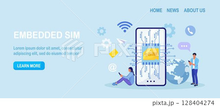 Embedded sim card on microcircuit. Young people use modern mobile phone with eSIM card chip. Smartphone without classical sim card. New digital technology. Cellphone with integrated circuit card Embedded sim card on microcircuit. Young people use modern mobile phone with eSIM card chip. Smartphone without classical sim card. New digital technology. Cellphone with integrated circuit card 128404274