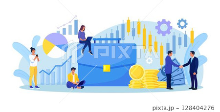 Business people with investor portfolio. Briefcase with money stacks, pie chart, graph. Financial literacy, investment. Businessmen invests in stocks and bonds. Stock market trading strategy 128404276