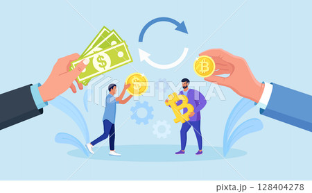 Businessmen exchanging bitcoins and dollars. Crypto currency exchange. People buy and sell cryptocurrency or bitcoin with US dollar. Money conversion. Blockchain technology 128404278