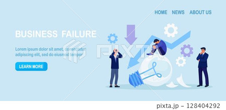 Fail start up business. Unexpected entrepreneur bankruptcy. Depressed businessman sitting on broken light bulb. New business failure. Burnout or exhaustion from crisis, no new idea or inspiration 128404292