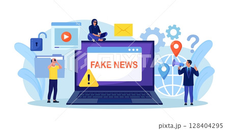 Fake news. Mass media political propaganda. Unknown person spreading false information, misinformation in internet. Fraud and cheat content in social network Fake news. Mass media political propaganda. Unknown person spreading false information, misinformation in internet. Fraud and cheat content in social network 128404295