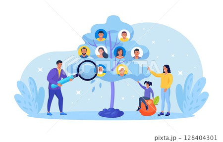 Family genealogical tree with portraits of relatives. Genealogy. Tiny people study pedigree. Generations. Parents and grandparents, children and cousins 128404301