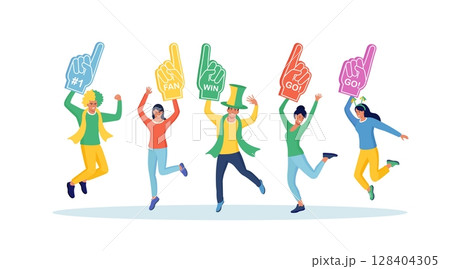 Cheering sports fans with colorful foam hands. Fan foam fingers for show support for team on championship game. Audience rooting for their soccer team. Supporters watch football game, cheerleading Cheering sports fans with colorful foam hands. Fan foam fingers for show support for team on championship game. Audience rooting for their soccer team. Supporters watch football game, cheerleading 128404305